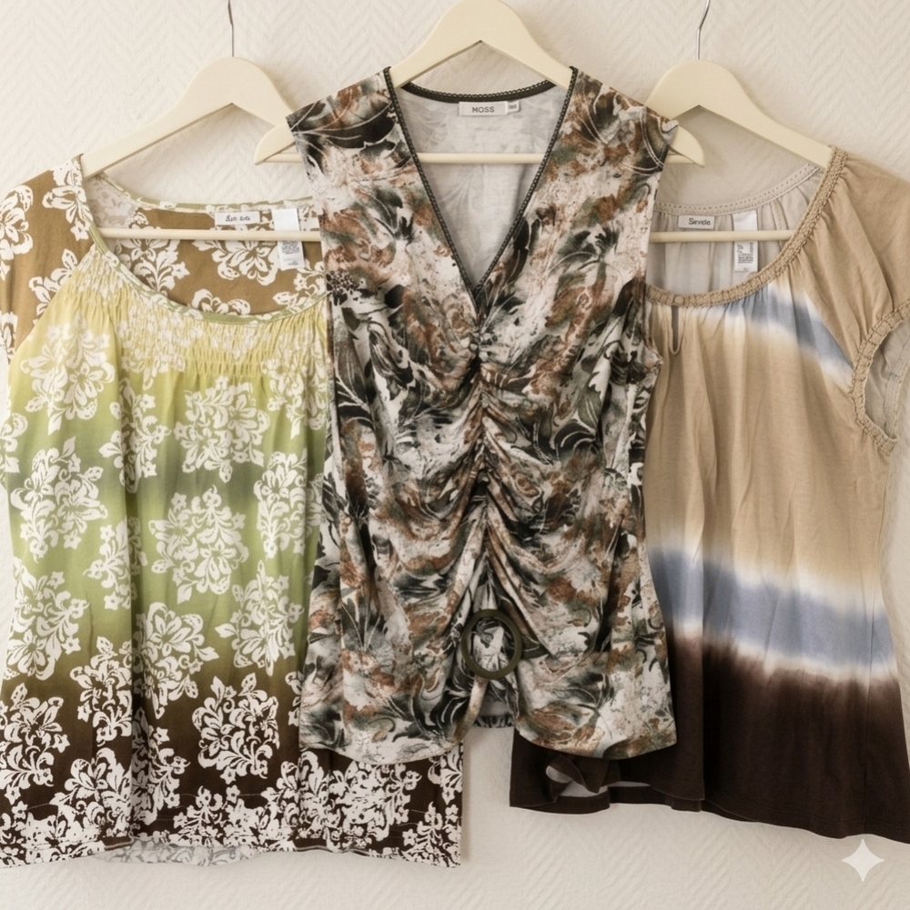 Liz & Co. & Ricki's XL Tie Dye Blouse & Floral Plus Ruched Tank Tops 3PC Bundle